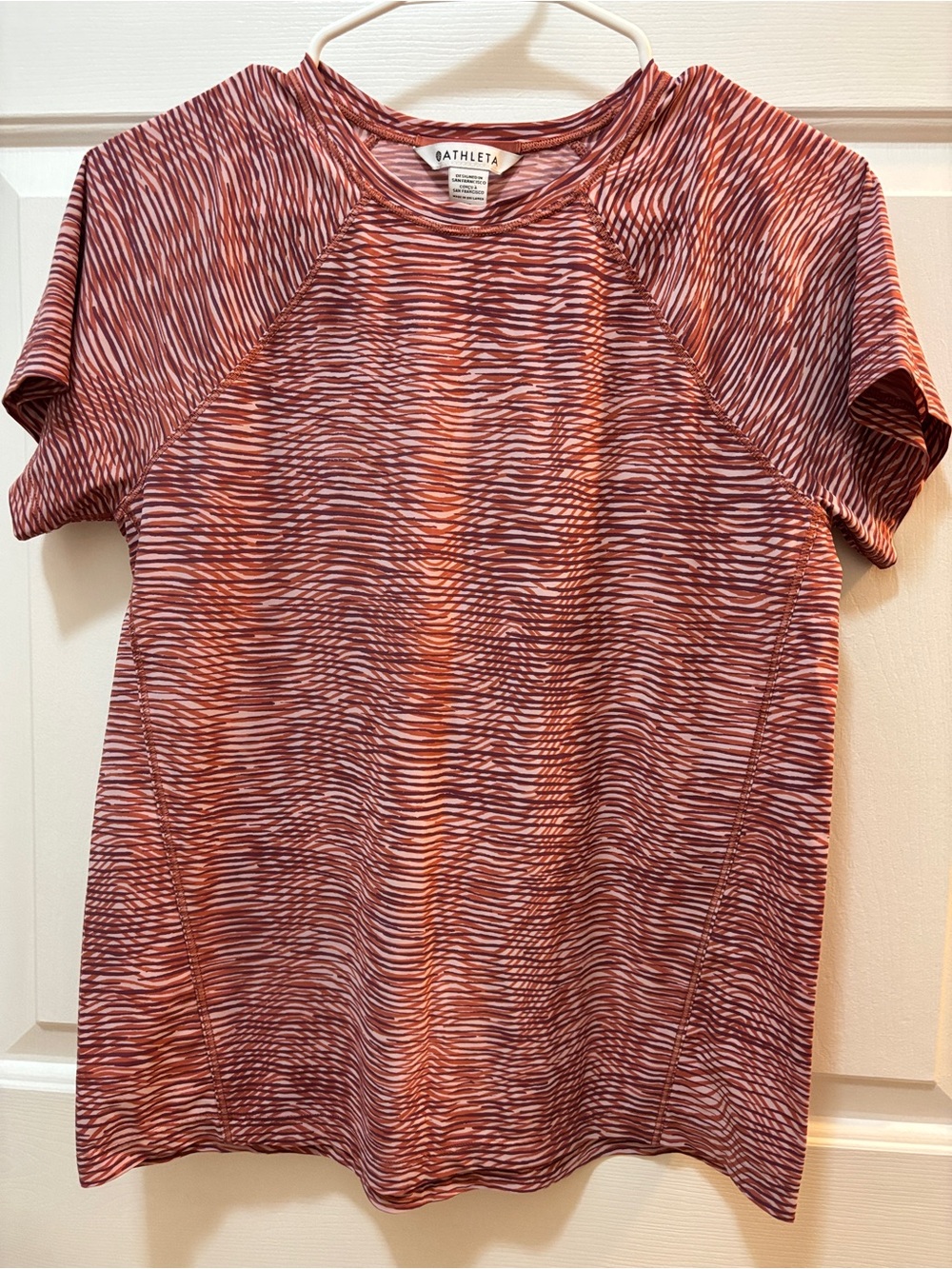 Athleta Short Sleeve Performance Tee Pink and Maroon Stripe Pattern XS
